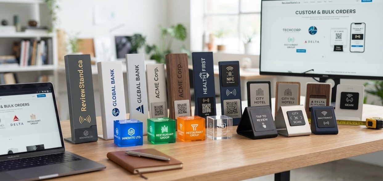 A lineup of custom-branded ReviewStand units for different client companies, side by side on a desk