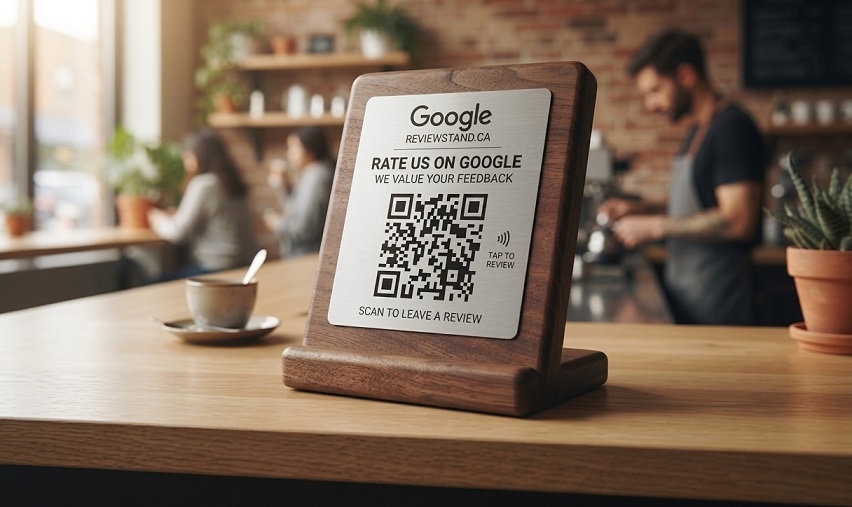 Walnut Wood ReviewStand with brushed metal QR plate, on a cafe counter
